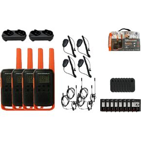 Motorola Solutions TalkAbout T275 ، 4 Pack Walkie Talkies ، FRS أجهزة الراديو ثنائية الاتجاه ، برتقالي/أسود 22 قناة PTT Earpieces 4 مكبرات الصوت MICs شحن الصواني
