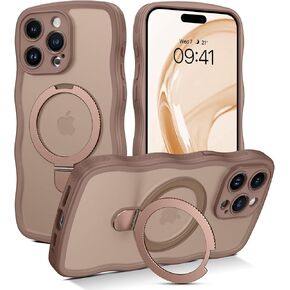 Veningo iPhone 15 Pro Max Case ، Magnetic Slim Magsafe Curly Wave Edge شفاف غير لامع حامل حلقة رنين قابلة للطي Kickstand Srockproof Protection For iPhone 15 Pro Max 6.7 "، Desert Titanium