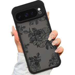 AIGOMARA Case for Google Pixel 9, Google Pixel 9 Pro Cute Black Flower Floral Case for Women Girls Soft TPU Bumper Hard PC Back Anti-Fall Shockproof Protective Slim Cover
