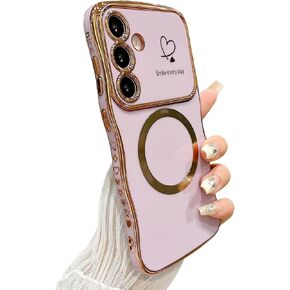 for Samsung Galaxy S24 Ultra Case Magnetic,for Women Girls Soft Cute Wave Frame Curly Shape Love Heart Luxury Plating Phone Case Compatible with MagSafe Shockproof Back Cover 6.8"-Dark Purple