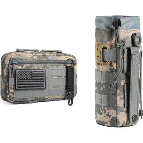 Tactical Molle Admin Pouch with USA Flag Patch and Keychain & Tactical Drawstring Molle Water Bottle Pouch with D-Ring Clip
