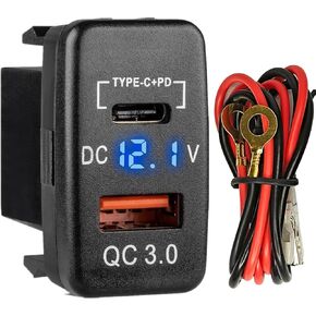 USB C Car Charger Socket for Toyota, 12V/24V Dual USB Outlet PD3.0 & QC3.0 Car Type-C Port with LED Voltmeter for Toyota Tundra 2005-2006 4Runner 2003-2009 Hilux 2005-2014