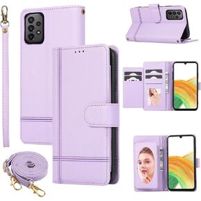 Compatible with Samsung Galaxy A72 5G/4G Wallet Case Wrist Strap, Crossbody Strap, Mirror Leather Flip Credit Holder Stand Cell Phone Accessories Cover for A 72 G5 72A S72 Women Men Purple