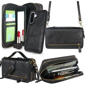 Harryshell Compatible with Samsung Galaxy A36 / A56 Case Wallet Multi Zipper Detachable Removable Cover Purse with Card Slots Holder Mirror Crossbody Wrist Strap (Light Brown)