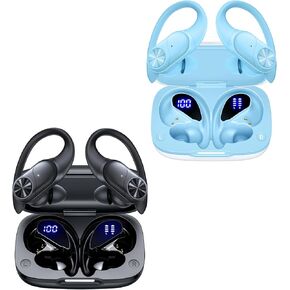 2 Sets Bluetooth Headphones Wireless Earbuds 80hrs Playtime Wireless Charging Case Sports Ear buds with Earhook Premium Deep Bass IPX7 Waterproof Over-Ear Earphones for TV Phone Laptop Black and Blue
