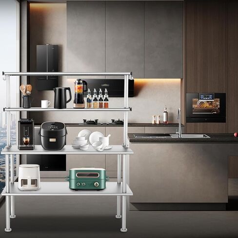 Double Overshelf of Stainless Steel 48" x 12", Stainless Steel Overshelf with 6 Hooks, Adjustable Commercial Double Shelf for 48" Prep Work Table in Restaurant, Bar, Garage, Home, Kitchen and Workshop in Kuwait