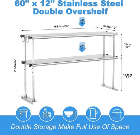 Double Overshelf of Stainless Steel 48" x 12", Stainless Steel Overshelf with 6 Hooks, Adjustable Commercial Double Shelf for 48" Prep Work Table in Restaurant, Bar, Garage, Home, Kitchen and Workshop in Kuwait