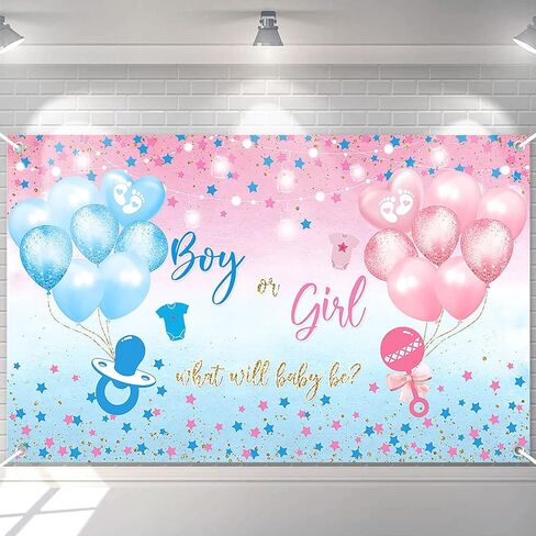 Avezano Gender Reveal Backdrop Boy or Girl Sign Banner Blue and Pink Stars Dots Balloon Theme Baby Gender Reveal Party Decorations Baby Shower Party Supplies (82.6 x 59.1 Inch) in Saudi Arabia