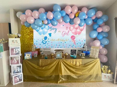 Avezano Gender Reveal Backdrop Boy or Girl Sign Banner Blue and Pink Stars Dots Balloon Theme Baby Gender Reveal Party Decorations Baby Shower Party Supplies (82.6 x 59.1 Inch) in Saudi Arabia