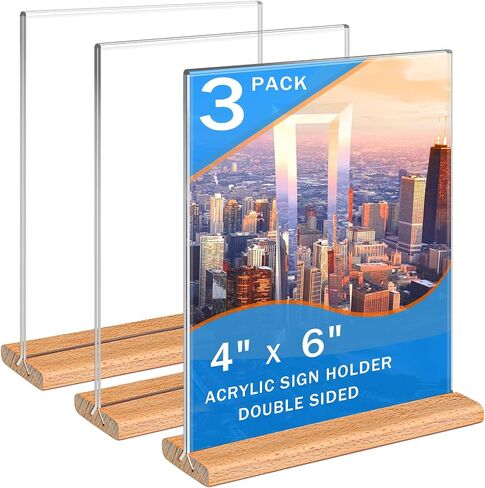 حامل علامة acrylic kersally 4 × 6،6 حزمة شاشة عرض رأسية صافٍ على الوجهين تقف مع قاعدة خشبية وقائمة إطار أكريليك للنشر للمتاجر والمطاعم والفنادق والمكتب والمعرض in Saudi Arabia