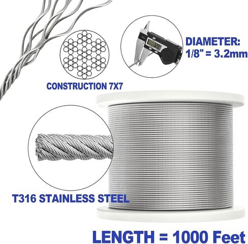 CKE 220ft 1/8 "كابل من الفولاذ المقاوم للصدأ T316 كابل حبل السلك الفولاذ المقاوم للصدأ لنظام طقم حديدي الكابلات ، 7x7 خيوط بناء طائرة حبل الكبل الكابل غير القابل للصدأ 1/8 DIY الدرجات CW600 in Kuwait