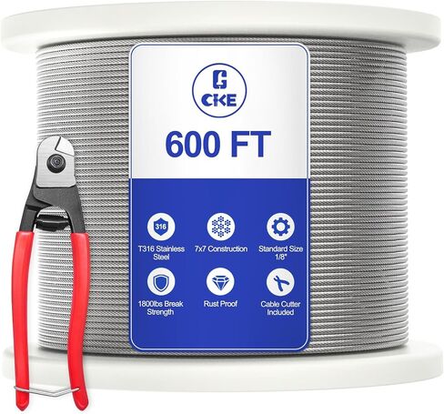 CKE 220ft 1/8 "كابل من الفولاذ المقاوم للصدأ T316 كابل حبل السلك الفولاذ المقاوم للصدأ لنظام طقم حديدي الكابلات ، 7x7 خيوط بناء طائرة حبل الكبل الكابل غير القابل للصدأ 1/8 DIY الدرجات CW600 in Kuwait