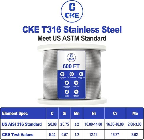 CKE 220ft 1/8 "كابل من الفولاذ المقاوم للصدأ T316 كابل حبل السلك الفولاذ المقاوم للصدأ لنظام طقم حديدي الكابلات ، 7x7 خيوط بناء طائرة حبل الكبل الكابل غير القابل للصدأ 1/8 DIY الدرجات CW600 in Kuwait