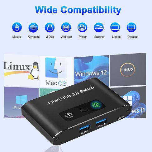 محدد محول USB 3.0، مفتاح USB ثنائي الاتجاه 1 في 2 مخرج/2 في 1 مخرج، محول USB 2 أجهزة مشاركة أجهزة الكمبيوتر مثل الطابعة ولوحة المفاتيح والماسح الضوئي والماوس، متوافق مع Mac/Win/Linux in Kuwait