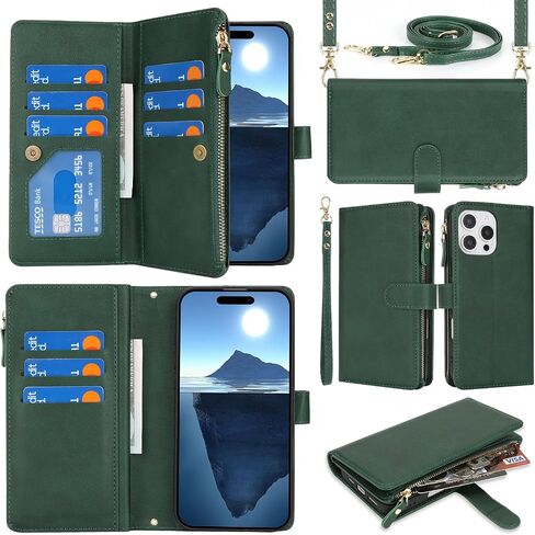 لـ iPhone 16 Pro مع حقيبة هاتف محفظة ، قم بتصميم جهاز iPhone 16 Pro Card Zipper Cash Slot Slot Lanyard Flip Leather Cover-Green in Kuwait