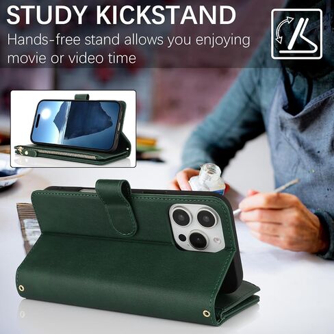 لـ iPhone 16 Pro مع حقيبة هاتف محفظة ، قم بتصميم جهاز iPhone 16 Pro Card Zipper Cash Slot Slot Lanyard Flip Leather Cover-Green in Kuwait