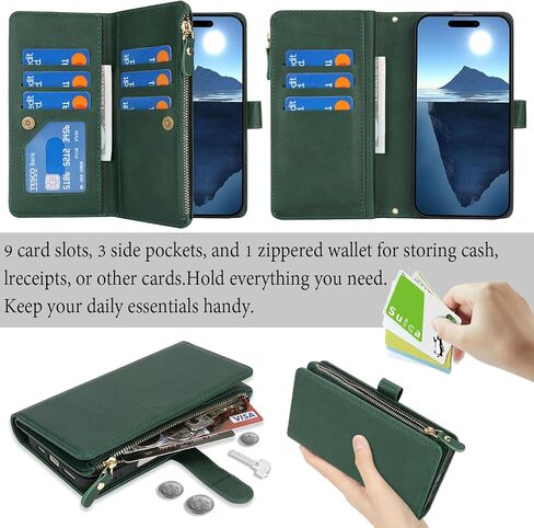 لـ iPhone 16 Pro مع حقيبة هاتف محفظة ، قم بتصميم جهاز iPhone 16 Pro Card Zipper Cash Slot Slot Lanyard Flip Leather Cover-Green in Kuwait