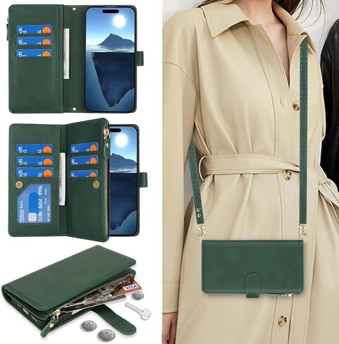 لـ iPhone 16 Pro مع حقيبة هاتف محفظة ، قم بتصميم جهاز iPhone 16 Pro Card Zipper Cash Slot Slot Lanyard Flip Leather Cover-Green in Kuwait