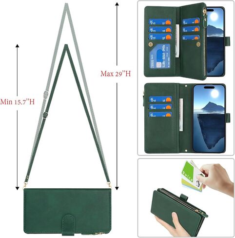 لـ iPhone 16 Pro مع حقيبة هاتف محفظة ، قم بتصميم جهاز iPhone 16 Pro Card Zipper Cash Slot Slot Lanyard Flip Leather Cover-Green in Kuwait