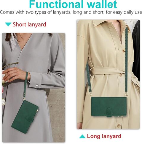 لـ iPhone 16 Pro مع حقيبة هاتف محفظة ، قم بتصميم جهاز iPhone 16 Pro Card Zipper Cash Slot Slot Lanyard Flip Leather Cover-Green in Kuwait