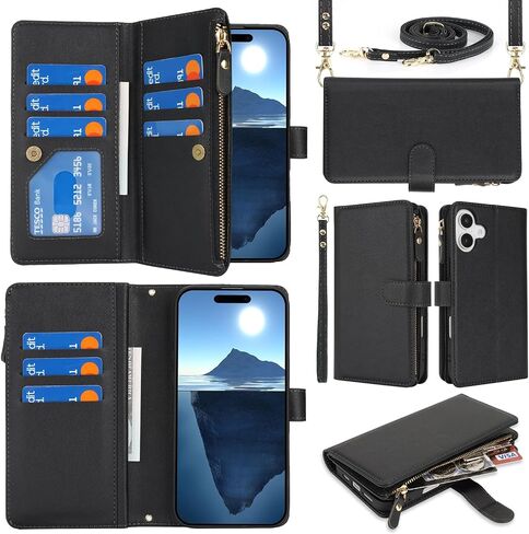 لـ iPhone 16 Pro مع حقيبة هاتف محفظة ، قم بتصميم جهاز iPhone 16 Pro Card Zipper Cash Slot Slot Lanyard Flip Leather Cover-Green in Kuwait