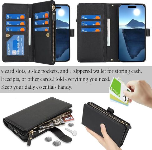 لـ iPhone 16 Pro مع حقيبة هاتف محفظة ، قم بتصميم جهاز iPhone 16 Pro Card Zipper Cash Slot Slot Lanyard Flip Leather Cover-Green in Kuwait