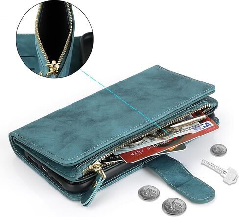 for iPhone 16 Pro with Wallet Phone Case, Design for iPhone 16 Pro Card Holder Zipper Cash Slot Lanyard Flip Leather Cover-Green in Kuwait