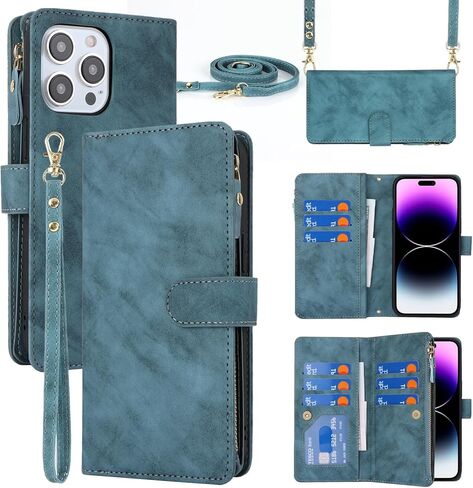 for iPhone 16 Pro with Wallet Phone Case, Design for iPhone 16 Pro Card Holder Zipper Cash Slot Lanyard Flip Leather Cover-Green in Kuwait