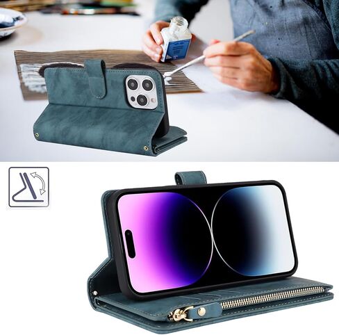 for iPhone 16 Pro with Wallet Phone Case, Design for iPhone 16 Pro Card Holder Zipper Cash Slot Lanyard Flip Leather Cover-Green in Kuwait