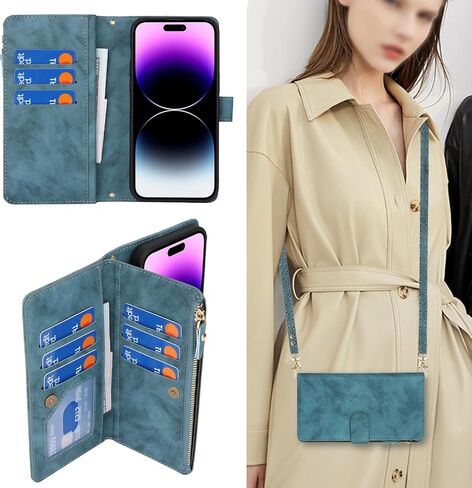 for iPhone 16 Pro with Wallet Phone Case, Design for iPhone 16 Pro Card Holder Zipper Cash Slot Lanyard Flip Leather Cover-Green in Kuwait