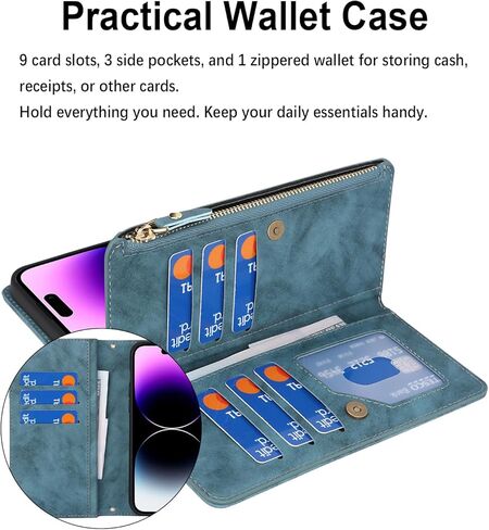 for iPhone 16 Pro with Wallet Phone Case, Design for iPhone 16 Pro Card Holder Zipper Cash Slot Lanyard Flip Leather Cover-Green in Kuwait