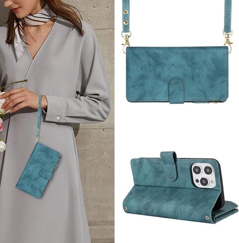 for iPhone 16 Pro with Wallet Phone Case, Design for iPhone 16 Pro Card Holder Zipper Cash Slot Lanyard Flip Leather Cover-Green in Kuwait