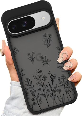 AIGOMARA Case for Google Pixel 9, Google Pixel 9 Pro Cute Black Flower Floral Case for Women Girls Soft TPU Bumper Hard PC Back Anti-Fall Shockproof Protective Slim Cover in Saudi Arabia
