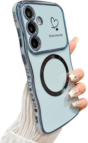 بالنسبة إلى Samsung Galaxy S24 Ultra Case Magnetic ، للنساء ، للنساء ، ناعم ، إطار الموجة اللطيفة ، شكل مجعد ، Love Heart Plating Plate Phone Case متوافق مع الغلاف الخلفي لـ Magsafe ، 6.8 "-Dark in Kuwait