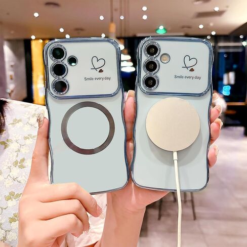 بالنسبة إلى Samsung Galaxy S24 Ultra Case Magnetic ، للنساء ، للنساء ، ناعم ، إطار الموجة اللطيفة ، شكل مجعد ، Love Heart Plating Plate Phone Case متوافق مع الغلاف الخلفي لـ Magsafe ، 6.8 "-Dark in Kuwait
