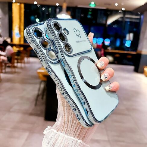 بالنسبة إلى Samsung Galaxy S24 Ultra Case Magnetic ، للنساء ، للنساء ، ناعم ، إطار الموجة اللطيفة ، شكل مجعد ، Love Heart Plating Plate Phone Case متوافق مع الغلاف الخلفي لـ Magsafe ، 6.8 "-Dark in Kuwait