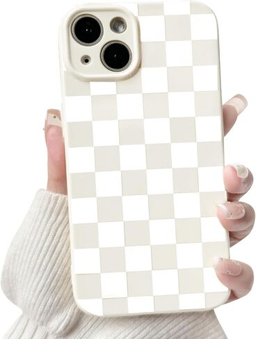 NITITOP Compatible with iPhone 13 Case Cute Aesthetic Checkerboard Checkered Pattern for Women Girl Trendy Slim Fit TPU Silicone Shockproof Full Camera Protection Cover - White in Kuwait