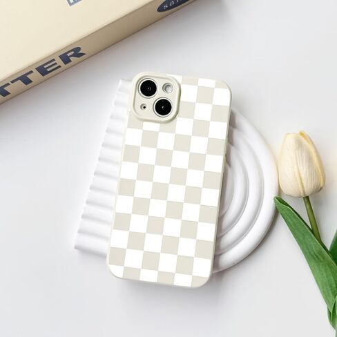 NITITOP Compatible with iPhone 13 Case Cute Aesthetic Checkerboard Checkered Pattern for Women Girl Trendy Slim Fit TPU Silicone Shockproof Full Camera Protection Cover - White in Kuwait