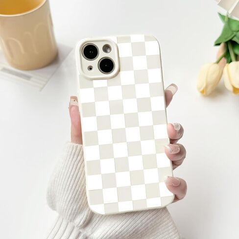 NITITOP Compatible with iPhone 13 Case Cute Aesthetic Checkerboard Checkered Pattern for Women Girl Trendy Slim Fit TPU Silicone Shockproof Full Camera Protection Cover - White in Kuwait