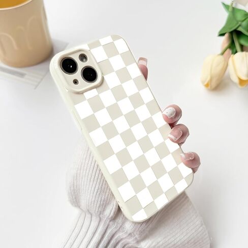 NITITOP Compatible with iPhone 13 Case Cute Aesthetic Checkerboard Checkered Pattern for Women Girl Trendy Slim Fit TPU Silicone Shockproof Full Camera Protection Cover - White in Kuwait