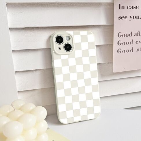 NITITOP Compatible with iPhone 13 Case Cute Aesthetic Checkerboard Checkered Pattern for Women Girl Trendy Slim Fit TPU Silicone Shockproof Full Camera Protection Cover - White in Kuwait