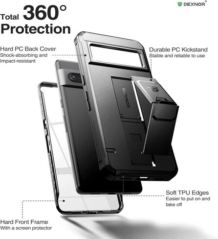 Dexnor Full Body Case for Google Pixel 7 Pro, [Built in Screen Protector and Kickstand] Heavy Duty Military Grade Protection Shockproof Protective Cover for Google Pixel 7 Pro Black in Saudi Arabia