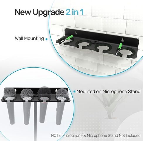 [2025 Upgrade ] Multi Microphone Holder for Mic Stand Storage Organizer for Handheld Dynamic Wired and Wireless Mics Wall Mounter or Rubber Padding to 5/8"-27 or 3/8"-16 Threaded - Up to 2 Mics in Kuwait