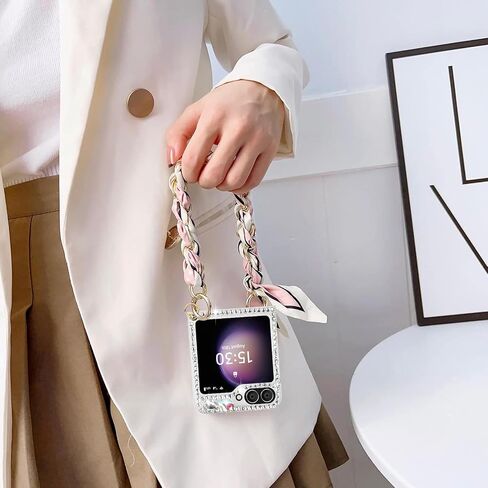 Omio for Galaxy Z Flip 5 Bling Case with Hand Chain Wrist Strap Bracelet Silk Scarf for Girls Women Sparkle Rhinestone Pearl Crystal Glitter Diamond Shockproof Cover for Galaxy Z Flip 5 Pink in Saudi Arabia