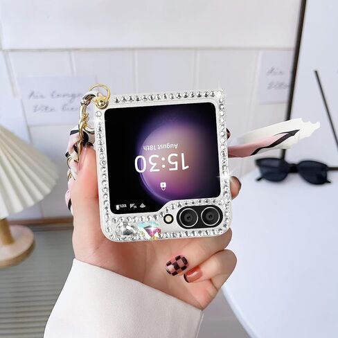 Omio for Galaxy Z Flip 5 Bling Case with Hand Chain Wrist Strap Bracelet Silk Scarf for Girls Women Sparkle Rhinestone Pearl Crystal Glitter Diamond Shockproof Cover for Galaxy Z Flip 5 Pink in Saudi Arabia