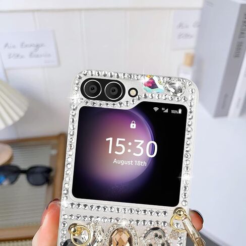 Omio for Galaxy Z Flip 5 Bling Case with Hand Chain Wrist Strap Bracelet Silk Scarf for Girls Women Sparkle Rhinestone Pearl Crystal Glitter Diamond Shockproof Cover for Galaxy Z Flip 5 Pink in Saudi Arabia