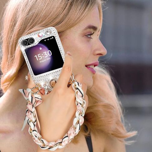 Omio for Galaxy Z Flip 5 Bling Case with Hand Chain Wrist Strap Bracelet Silk Scarf for Girls Women Sparkle Rhinestone Pearl Crystal Glitter Diamond Shockproof Cover for Galaxy Z Flip 5 Pink in Saudi Arabia