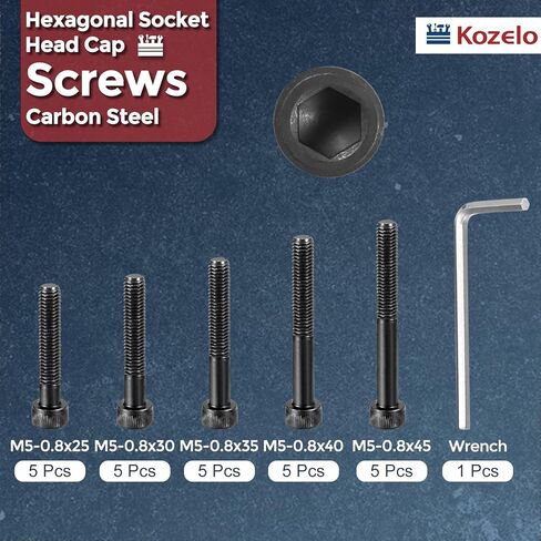 25pcs M5 Socket Head Cap Screws Bolts Nuts Assortment Kit - [M5x60/65/70/75/80mm] Alloy Steel Fully Threaded Black Oxide 12.9 Internal Hex Screw for 3D Printer Use, with Wrench in Kuwait