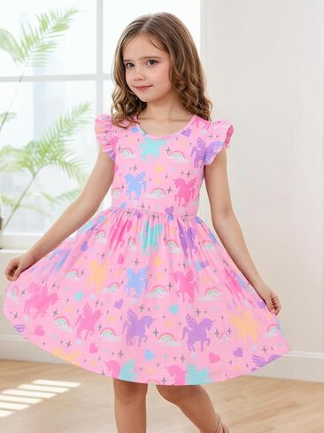 Baby Girls Dress Unicorn Casual Flutter Sleeve Swing Sundress Birthday Party Summer Playwear Dresses 1-8 Years Old in Kuwait