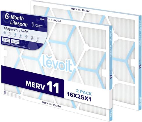 LEVOIT 20x20x1 Air Filter, MERV 11, 6-Month Allergen Defense Pleated 1-Inch Electrostatic AC Furnace Filter, High-Efficiency for Pet, Dust and Smoke, 2 Pack (Actual Size 19.69×19.69×0.79 inches) in Kuwait